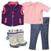 Maplelea doll Saila starter outfit sparkly jeans, purple fleece vest, pink t-shirt and kamiik boots reflect her Inuit heritage. KS1.