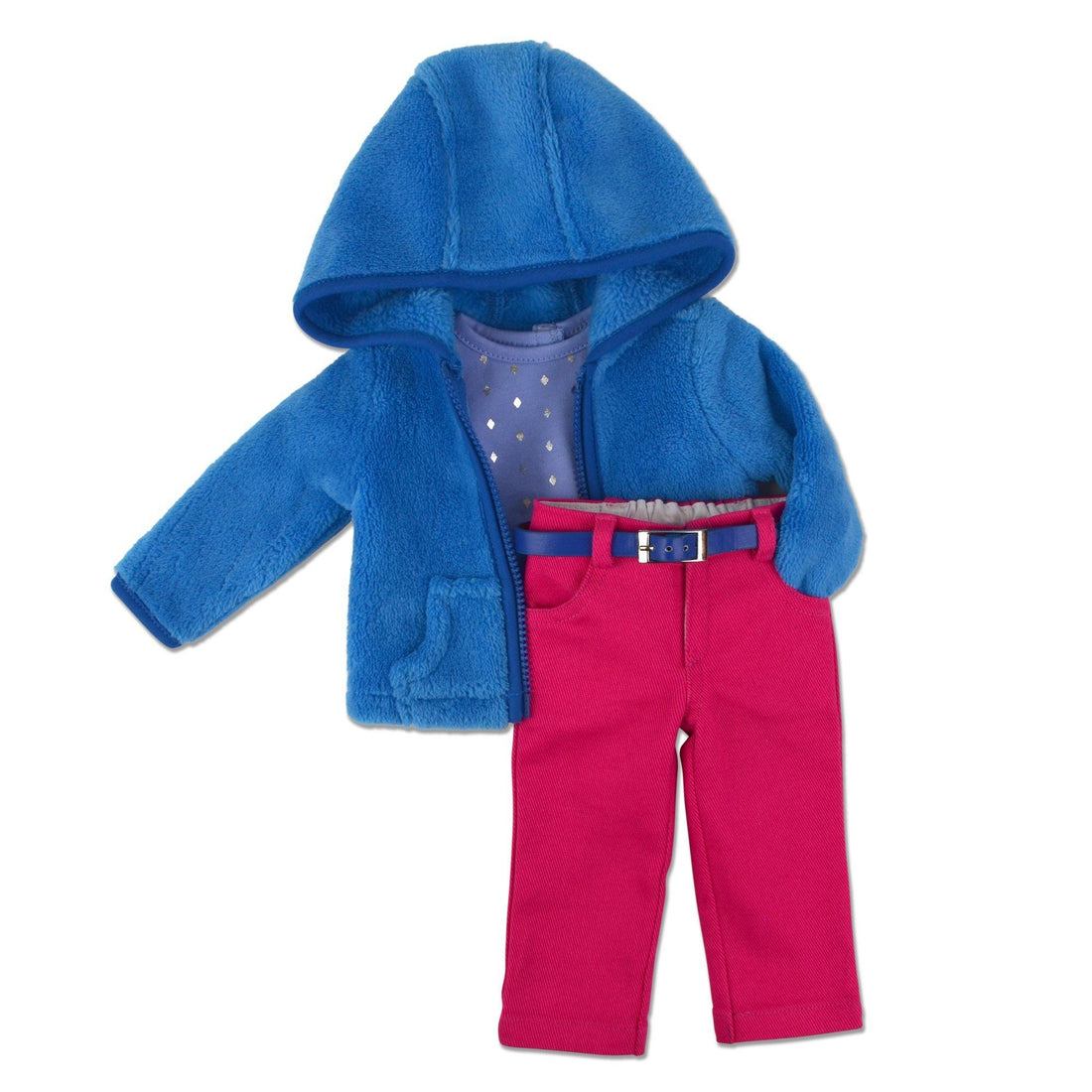 Sapphire blue belt and hoodie, shiny diamond shirt and pink pants for doll from Kimmirut Nunavut.