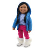 Inuit girl doll from Kimmirut Nunavut wearing fuzzy blue hoodie, pink pants, sapphire belt, pink pants and mukluks.  Maplea Canadian Girl doll.