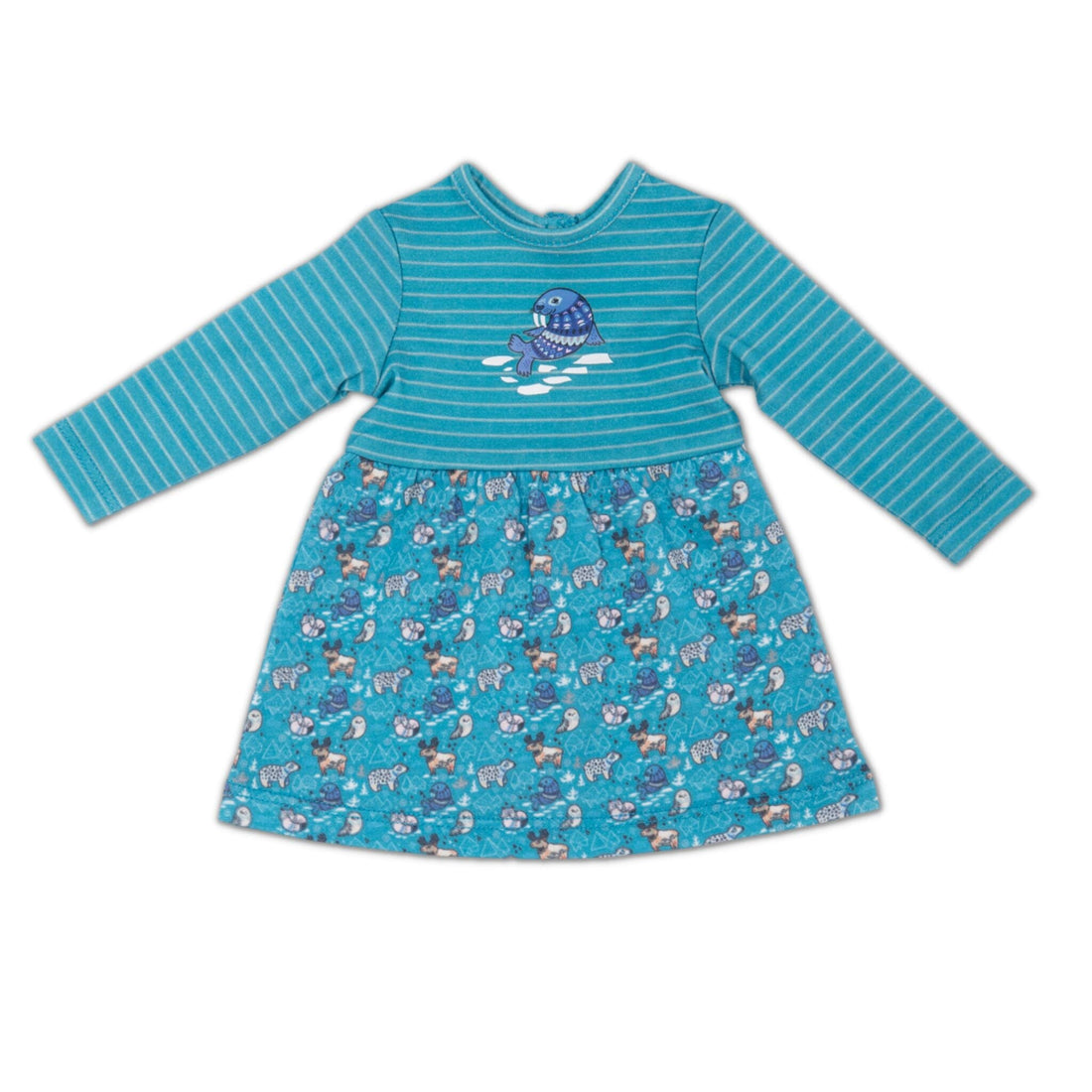 Girl and doll wearing matching dresses with an Arctic Animals theme.  Dress alike with your 18" doll