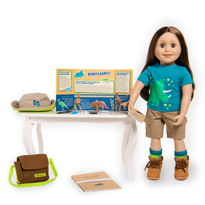 18" Maplelea doll with paleontologist set on table