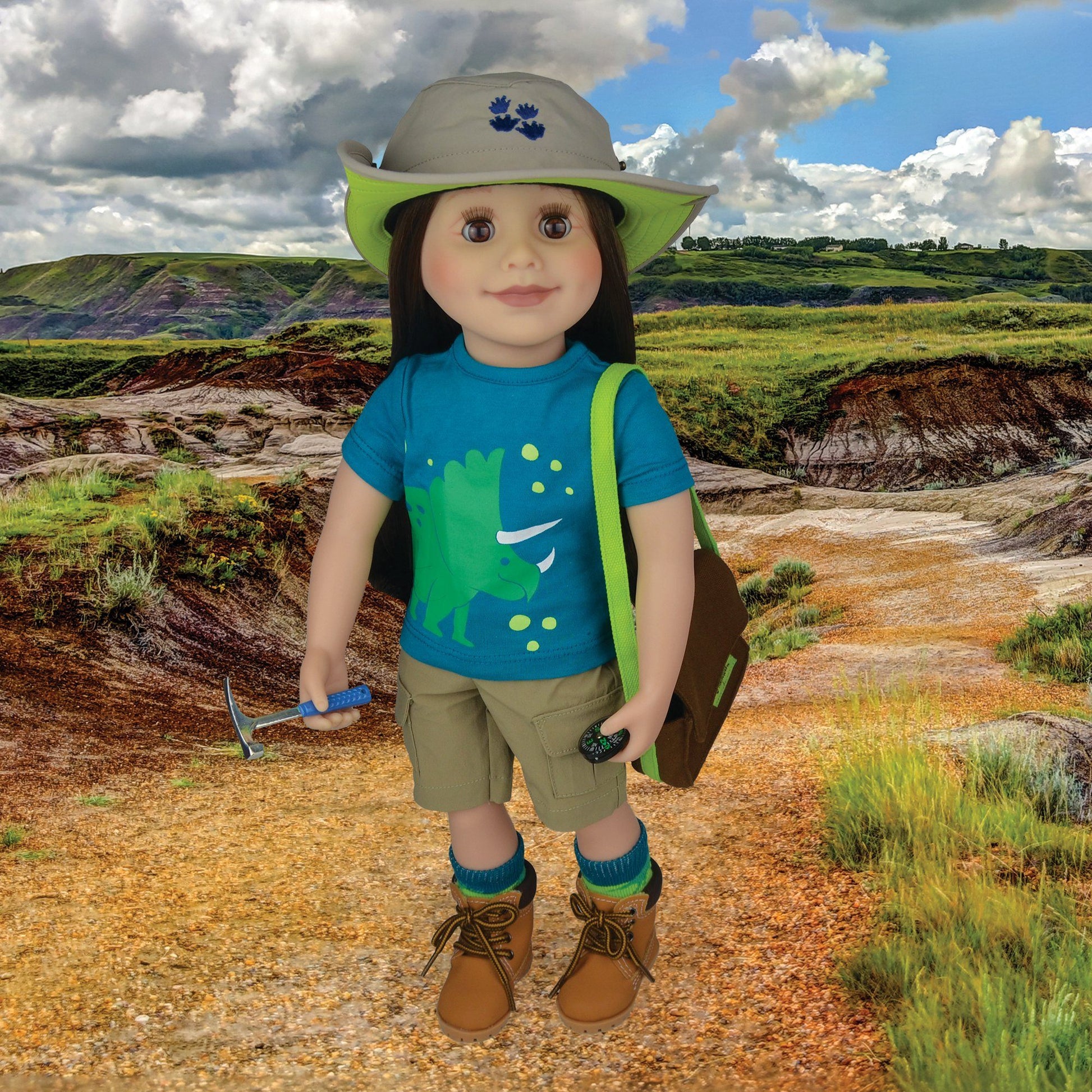 18-inch doll dressed to hunt dinosaurs in Alberta Badlands