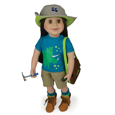 18" doll paleontologist and geology tools wearing dinosaur t-shirt safari hat khaki shorts socks