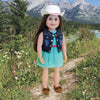 Stampede style outfit includes mint sundress, denim vest, pink patent belt and white cowboy hat