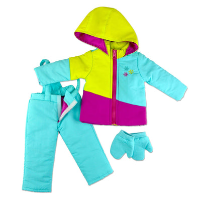 Bright lime green, teal, and hot pink jacket, teal snow pants, teal mittens, and pink boots for doll