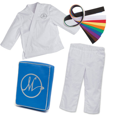 Karate Kicks gi white jacket and pants, with 9 coloured belts, and a blue kickpad fits all 18 inch dolls