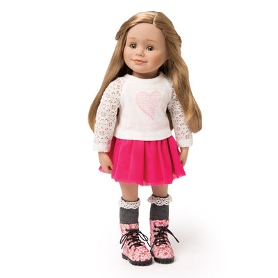 White lace top with heart graphic pink mesh skirt, grey knee-socks, floral boots on 18 inch doll.