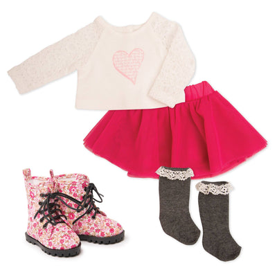 White lace top with heart graphic, pink mesh skirt, knee-socks, floral  boots for 18 inch dolls.