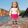White lace top with heart graphic pink mesh skirt, grey knee-socks, floral boots on 18 inch doll.
