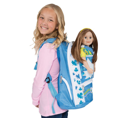 Maplelea girls' blue backpack fits all 18 inch dolls with model