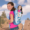 Girl carrying her 18 inch doll in a specially designed Maplelea Canadian Girl backpack.