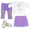 Maplelea Friend 18 inch doll starter outfit purple corduroy skirt, white ruched sleeve shirt with leaf graphic, purple striped tights, silver ballet flats with maple leaf cutout. Fits all 18 inch dolls.