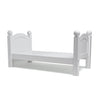 White wooden doll bed for 18 inch dolls.  Part of Maplelea's doll furniture collection.