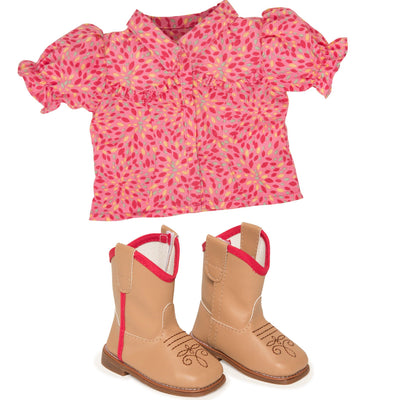 Maplelea 18 inch doll Brianne's starter outfit pink patterned button-up shirt and beige riding boots with red detail.