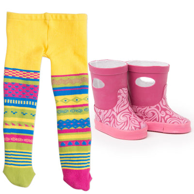 Maplelea 18 inch doll Charlsea starter outfit - funky tights and pink rain boots.
