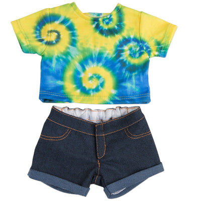 Maplelea 18 inch doll Charlsea starter outfit -  tie-dyed t-shirt, jean shorts.