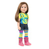 Maplelea 18 inch doll Charlsea with story journal wearing tie-dyed t-shirt, jean shorts, funky tights and pink rain boots.