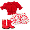 Red sweater with buttons, print skirt and red boots for 18 inch doll Canadian Girl Leonie.