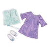 Sparkly purple dress with shimmery fuzzy vest, with iridescent belt and shoes that comes with this 18 inch doll
