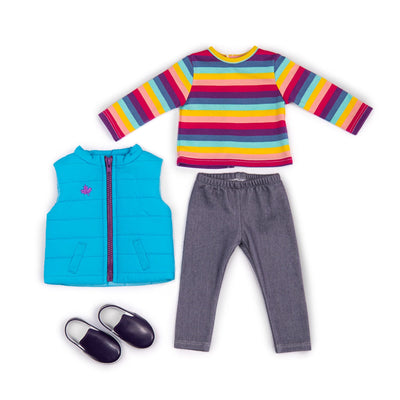 Maplelea and Me outfit of striped tshirt, vest, leggings and slip on shoes for 18 inch dolls