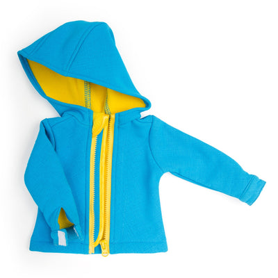 Blue rain jacket with yellow lining fits all 18 inch dolls.