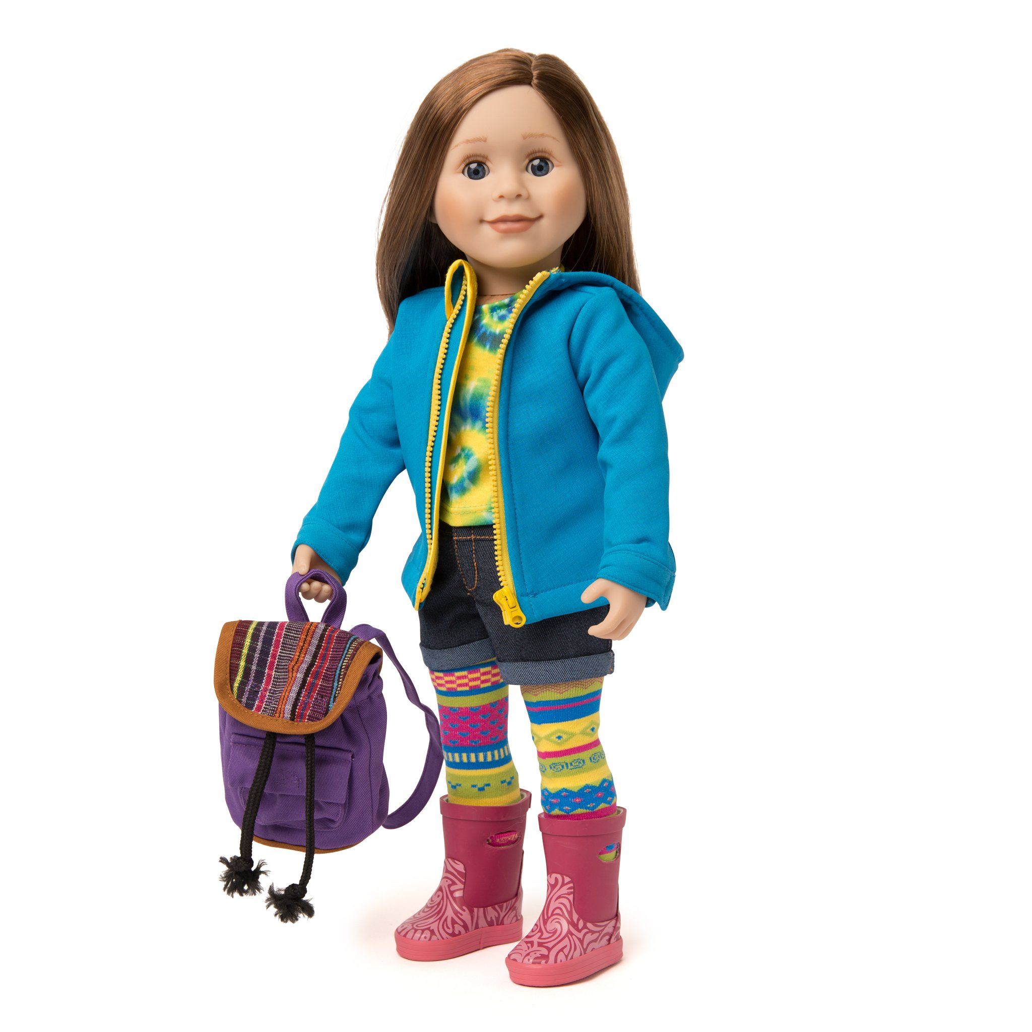 Rain jacket and backpack worn by 18 inch doll.