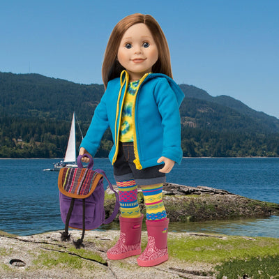 Rain jacket and backpack worn by 18 inch doll in British Columbia Canada.