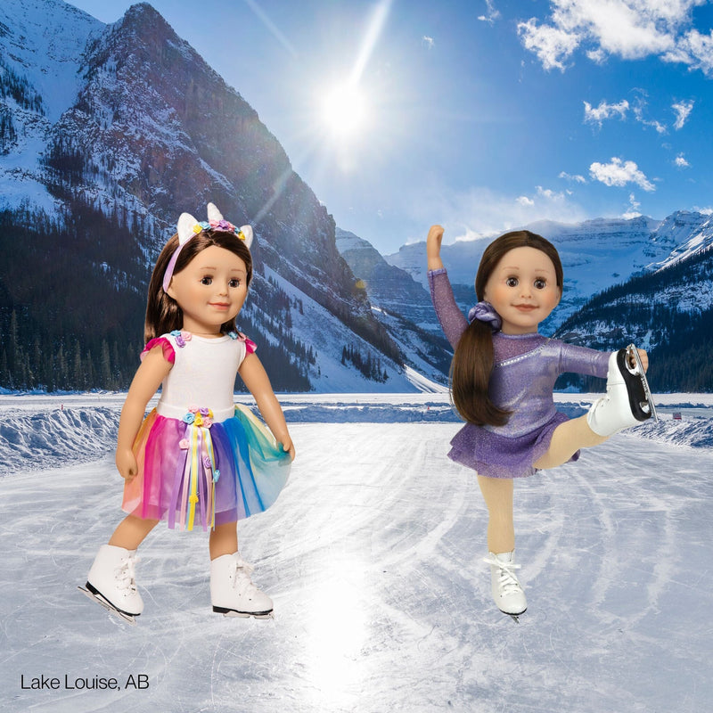 White figure skates fit all 18 inch dolls.   Amazing quality.