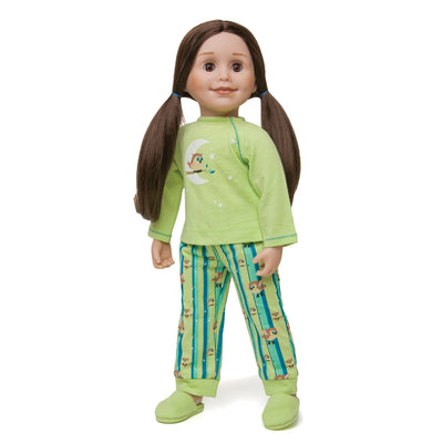 Night Owl Nightwear for 18 inch dolls includes two piece pajamas with owl graphic and slippers.