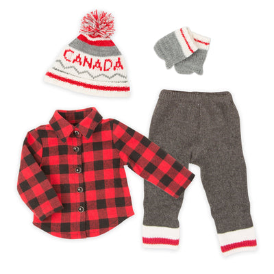 Buffalo plaid shirt with knit leggings, grey mittens and CANADA knit toque for 18 inch doll