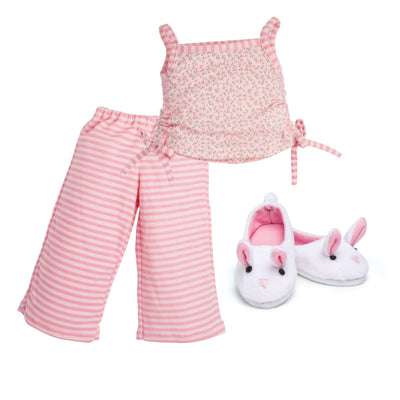 Perfectly Pink Pyjamas floral pink tank top and striped pink PJ bottoms with fuzzy bunny slippers fits all Maplelea dolls.