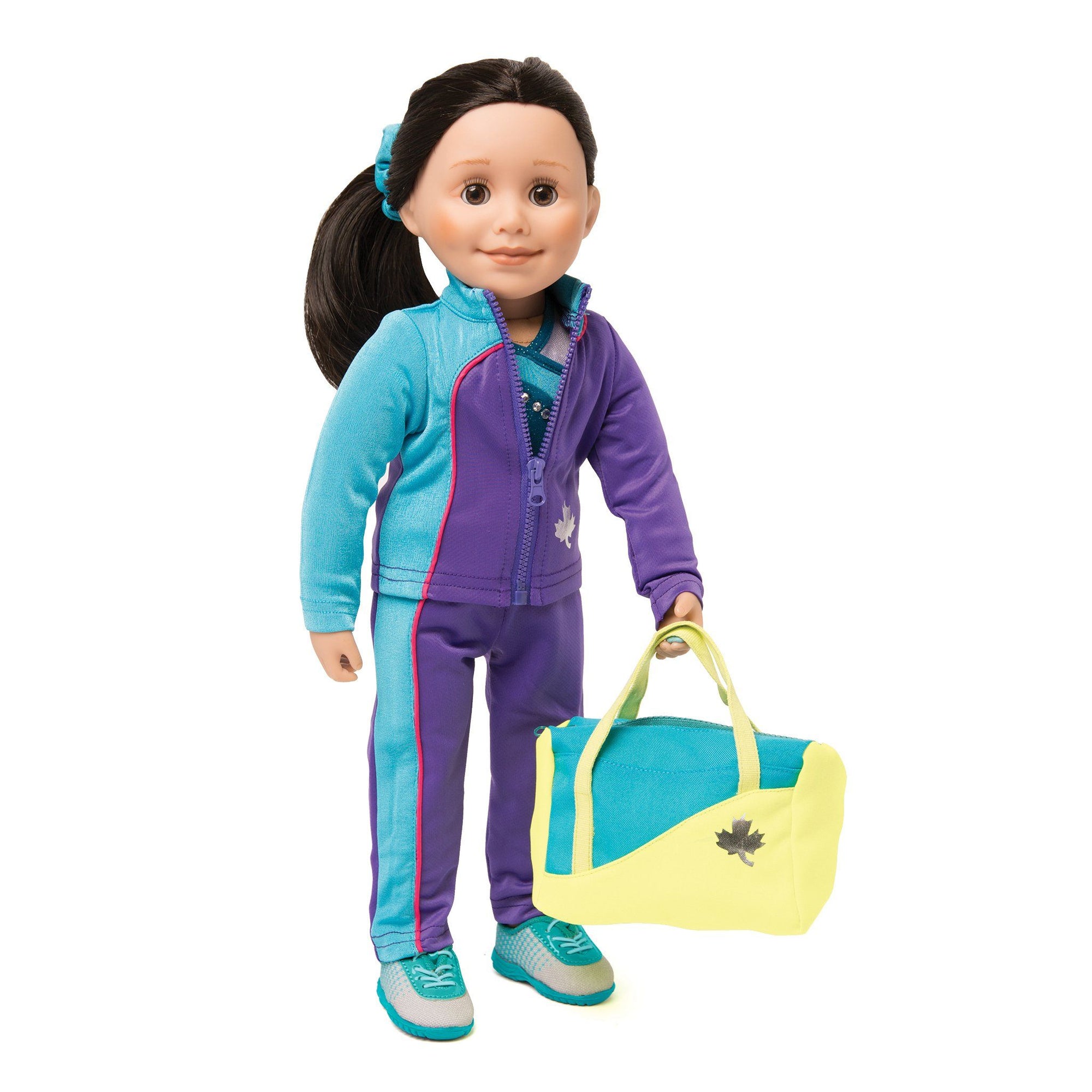Personal Best purple and blue track pants, track jacket, with teal sparkly bodysuit, hair scrunchie and bright green and teal sports bag. Fits all 18 inch dolls. 
