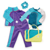 Warm up suit with jacket and pants with sparkly leotard, hair scrunchie and bright green and teal gym bag. Fits all 18 inch dolls.