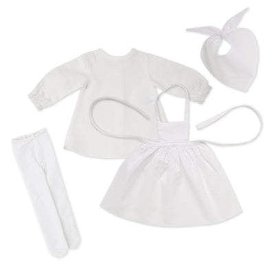 Pioneer Quebecoise 8-piece heritage outfit white chemise, white scarf, white tights, apron and bonnet fits all 18 inch dolls.