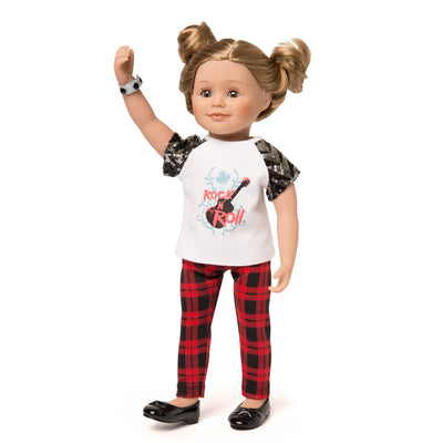 Rockin' Couture black and red plaid pants, white rock n' roll graphic t-shirt with sequin sleeves, and button wrist band fits all 18 inch dolls.