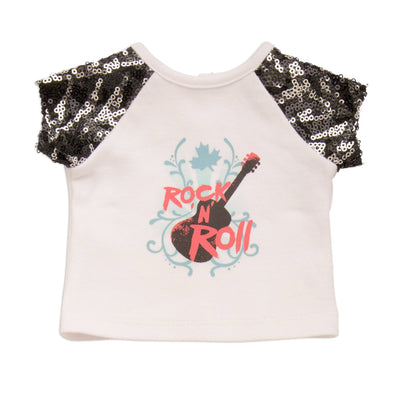 white rock n' roll graphic t-shirt with sequin sleeves, and button wrist band fits all 18 inch dolls.