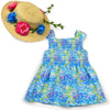 Colourful watercolour inspired sundress with wide-brim straw hat adorned with flowers for 18 inch dolls