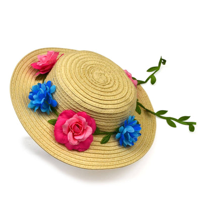Wide-brim straw hat with pink and blue flowers for 18 inch dolls