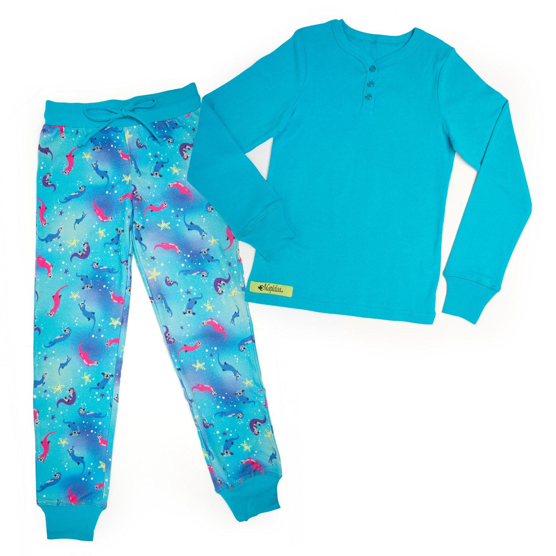 Sea Otter Sleepwear 2-piece blue pyjamas blue top with button henley, colourful print PJ pants