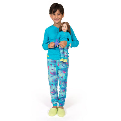 Sea Otter Sleepwear 2-piece blue pyjamas long-sleeved blue top with button henley, colourful sea otter print PJ pants in varying sizes for girls.