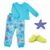 Sea Otter Sleepwear 2-piece pyjamas long-sleeve blue henley, sea otter print blue PJ pants, bright green fuzzy slippers and a plush purple sea star fit all 18 inch dolls.