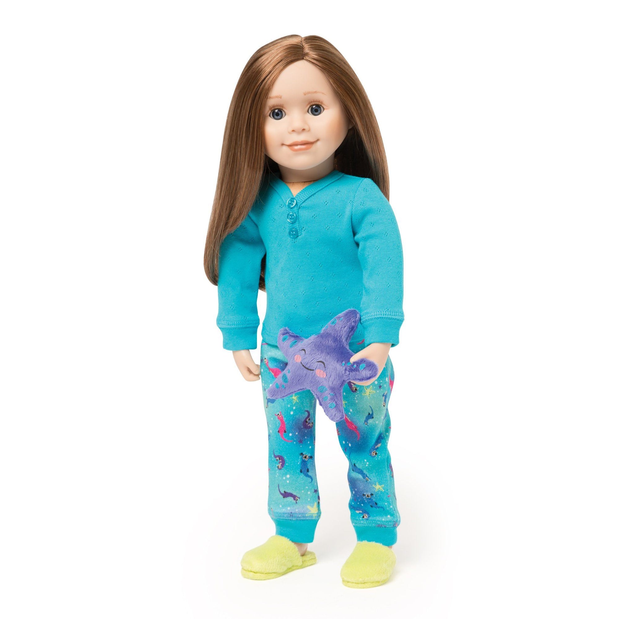 Sea Otter Sleepwear 2-piece pyjamas with long-sleeve blue henley, sea otter patterned blue PJ pants, bright green fuzzy slippers and a plush purple sea star fit all 18 inch dolls. 