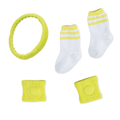 serve, set, spike bright green headband, knee pads, white striped sockss fit all 18 inch dolls.