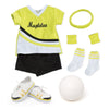 serve, set, spike bright green, white and black jersey, black shorts, volleyball, headband, knee pads, socks and running shoes fit all 18 inch dolls.