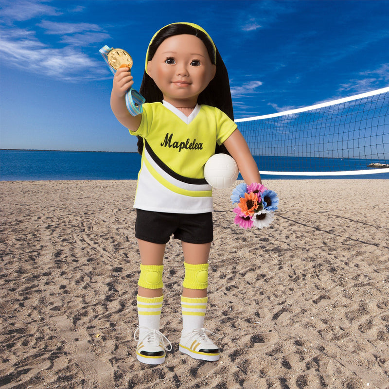 serve, set, spike bright green, white and black jersey, black shorts, volleyball, headband, knee pads, socks and running shoes fit all 18 inch dolls. 