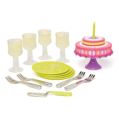 Maplea party ware for 18 inch dolls includes 7 part cake, cake stand, lemonade goblets, plates, forks and a cake server