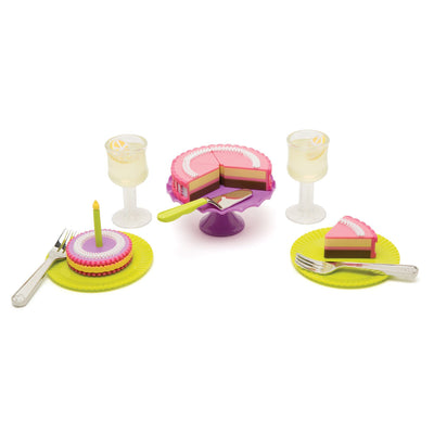 Set to Celebrate plastic and metal pieces: Cake with removable slices, cake stand, plates, metal forks, lemonade drinks for all 18 inch dolls.