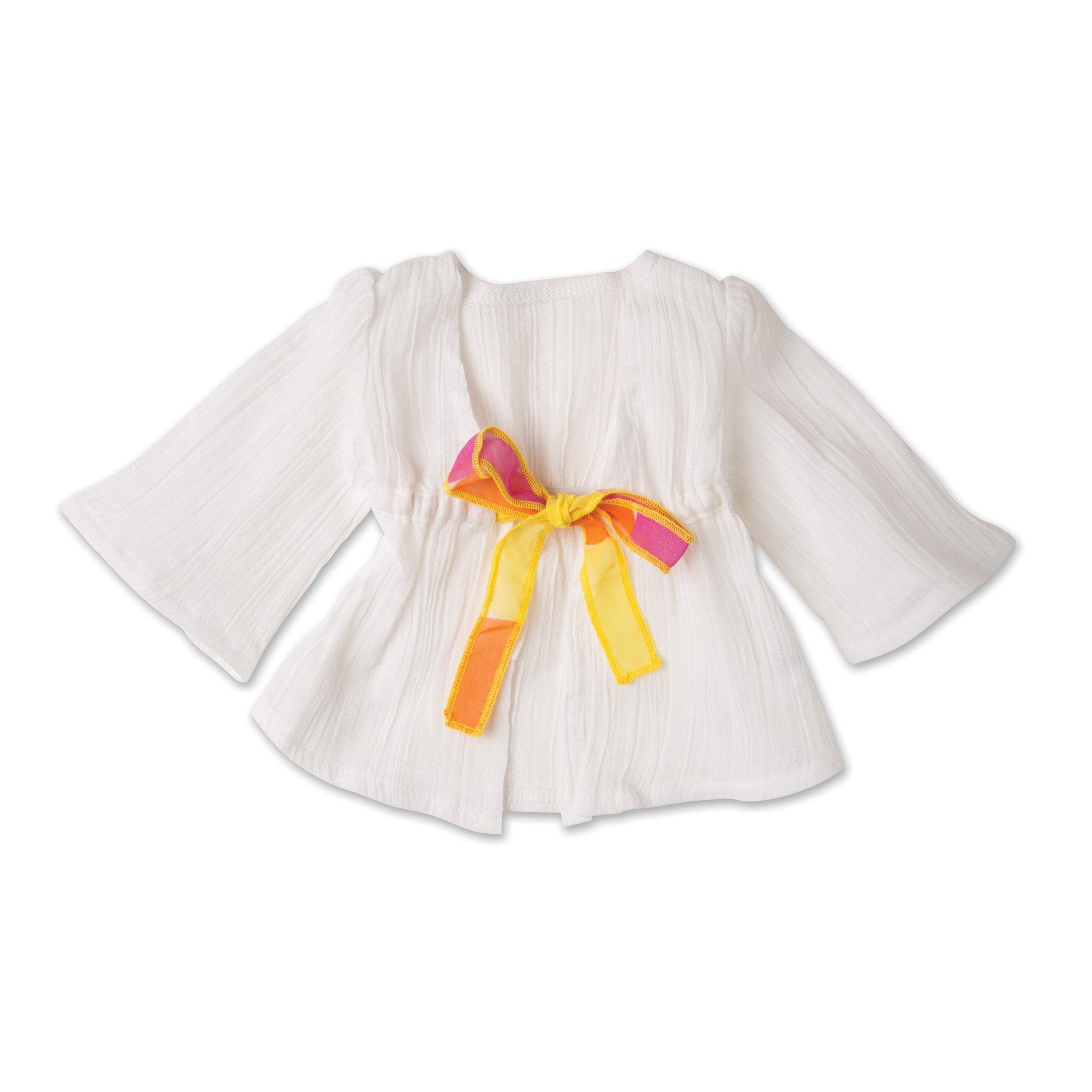 Shoreline Sun white cotton beach cover-up with polka dot tie fits all 18 inch dolls. 