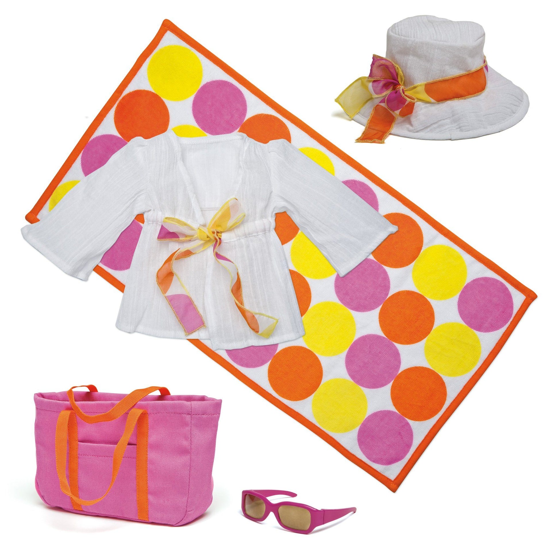 Shoreline Sun white cotton beach cover-up with polka dot tie, white beach hat, pink beach bag, pink sunglasses and polka dot towel fits all 18 inch dolls. 