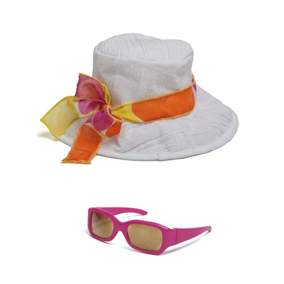 Shoreline Sun white beach hat with colourful tie and pink sunglasses fits all 18 inch dolls.